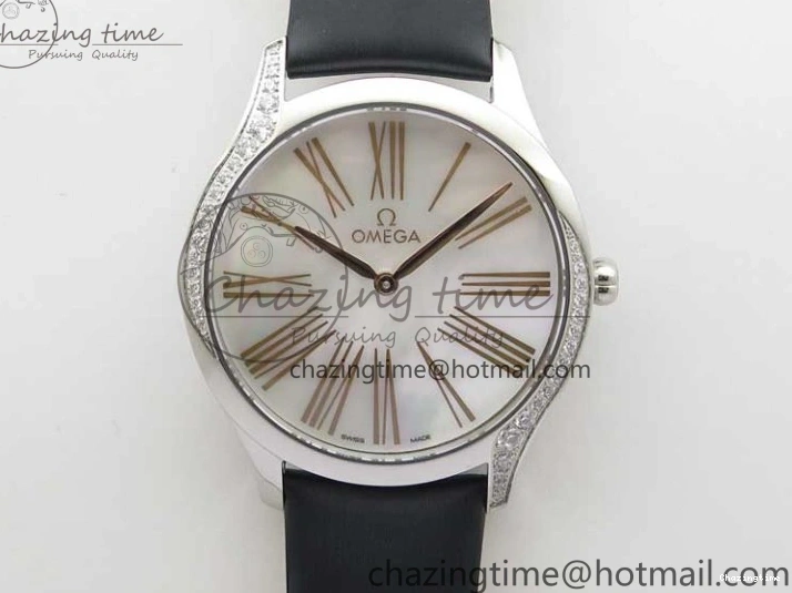 0410 StreetReady Ladies’ De Ville Trésor Diamond SS 3AF 1:1 Best Edition White MOP Dial RG Markers On Black Fabric strap Swiss Quartz 7884